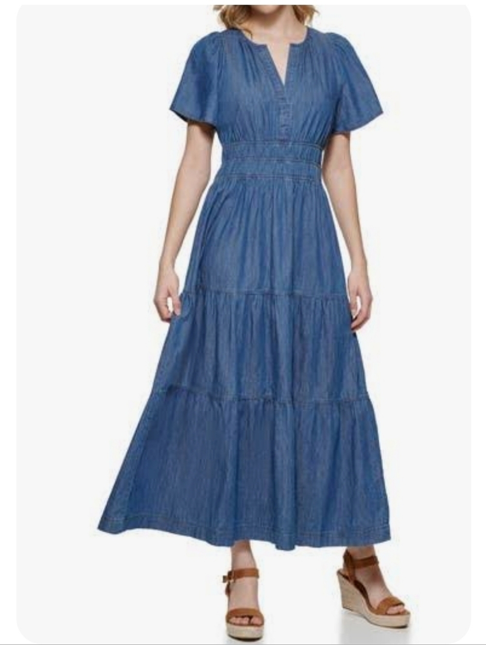 Tommy Hilfiger Women's 10 Short Sleeve V-Neck Tiered Chambray Maxi Denim Dress